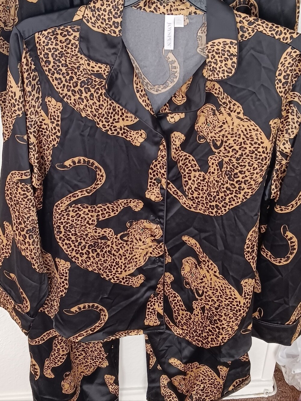 Leopard Print Satin Pajama Set in Black and Tan - Picture 6 of 7